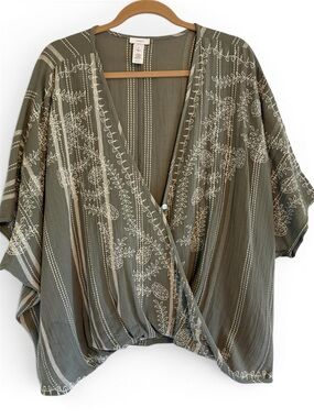 J. Jill Pure Jill Olive & Cream Embroidered Wrap-Style Blouse